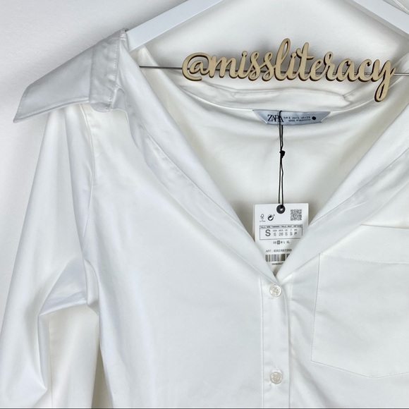 🆕 NWT ZARA Women’s Minimalist Wide Neck Off-Shoulder Collared Button Blouse SM - Picture 8 of 12